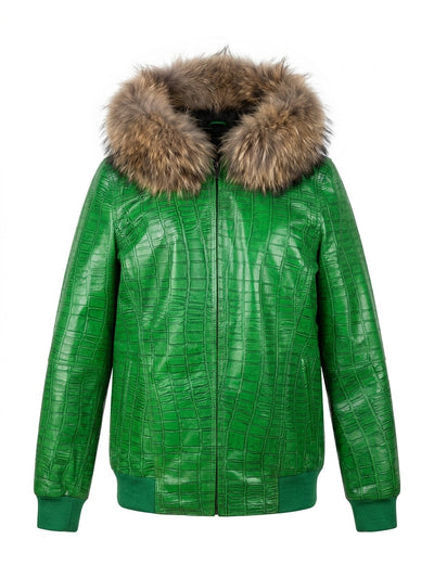 Emerald Croc Leather Bomber with Fur Hood