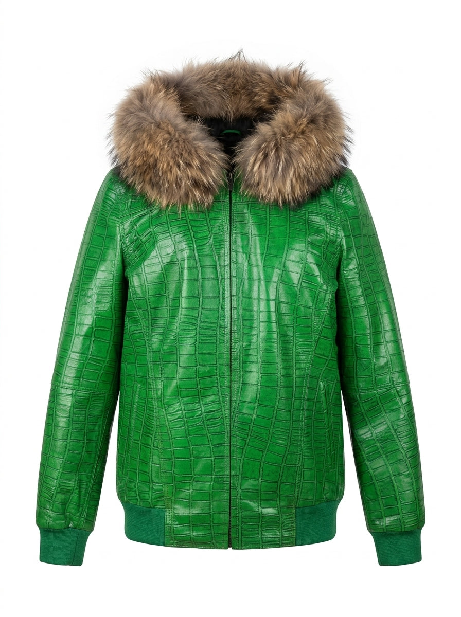 Emerald Croc Leather Bomber with Fur Hood