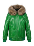 Emerald Croc Leather Bomber with Fur Hood