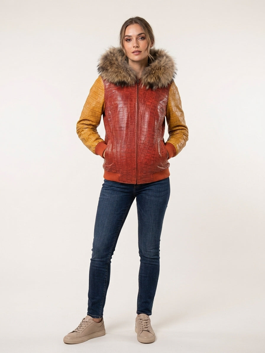 Two-Tone Croc Leather Bomber with Fur Hood