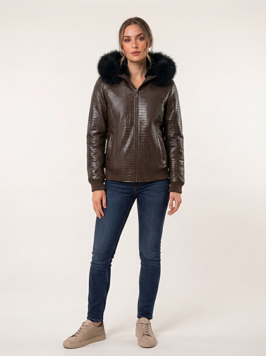 Espresso Croc Hooded Bomber Jacket