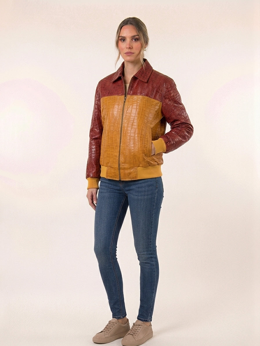 Two-Tone Rust & Gold Croc Leather Jacket