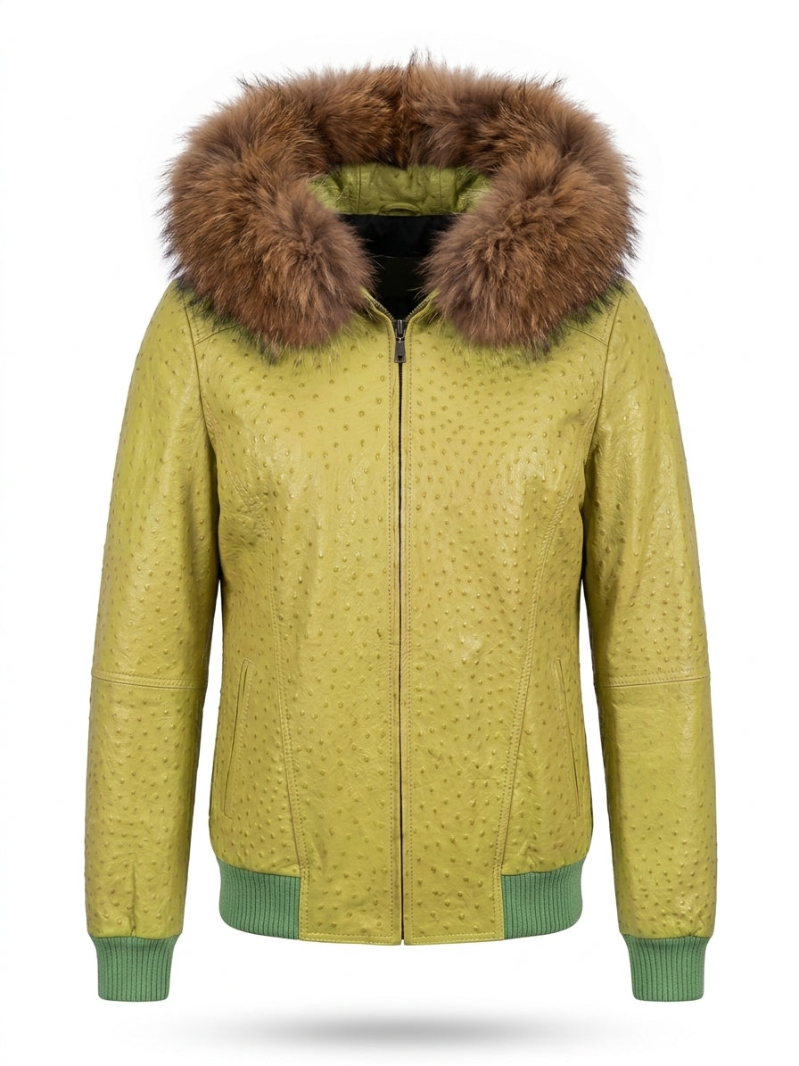Lime Green Ostrich Leather Jacket with Fur Trim