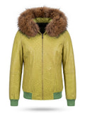 Lime Green Ostrich Leather Jacket with Fur Trim