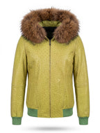 Lime Green Ostrich Leather Jacket with Fur Trim
