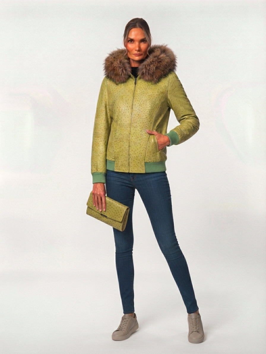 Lime Green Ostrich Leather Jacket with Fur Trim