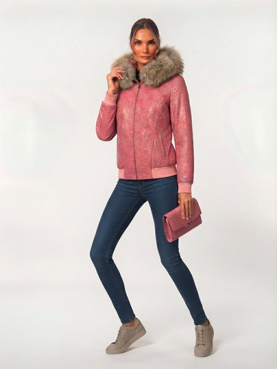 Dusty Pink Ostrich Leather Bomber with Fur Hood
