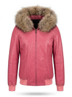 Dusty Pink Ostrich Leather Bomber with Fur Hood