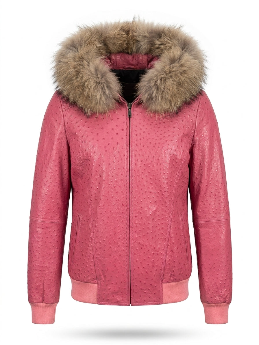 Dusty Pink Ostrich Leather Bomber with Fur Hood