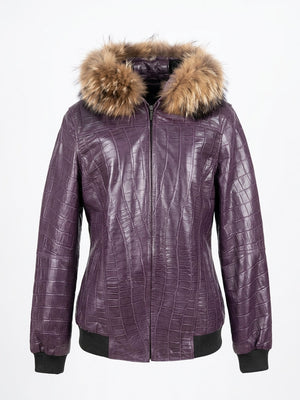 Deep Plum Croc Leather Bomber with Fur Trim
