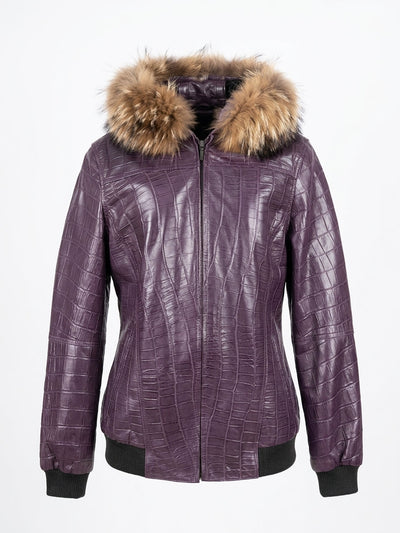 Deep Plum Croc Leather Bomber with Fur Trim
