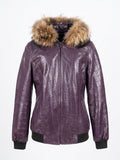 Deep Plum Croc Leather Bomber with Fur Trim
