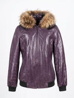 Deep Plum Croc Leather Bomber with Fur Trim