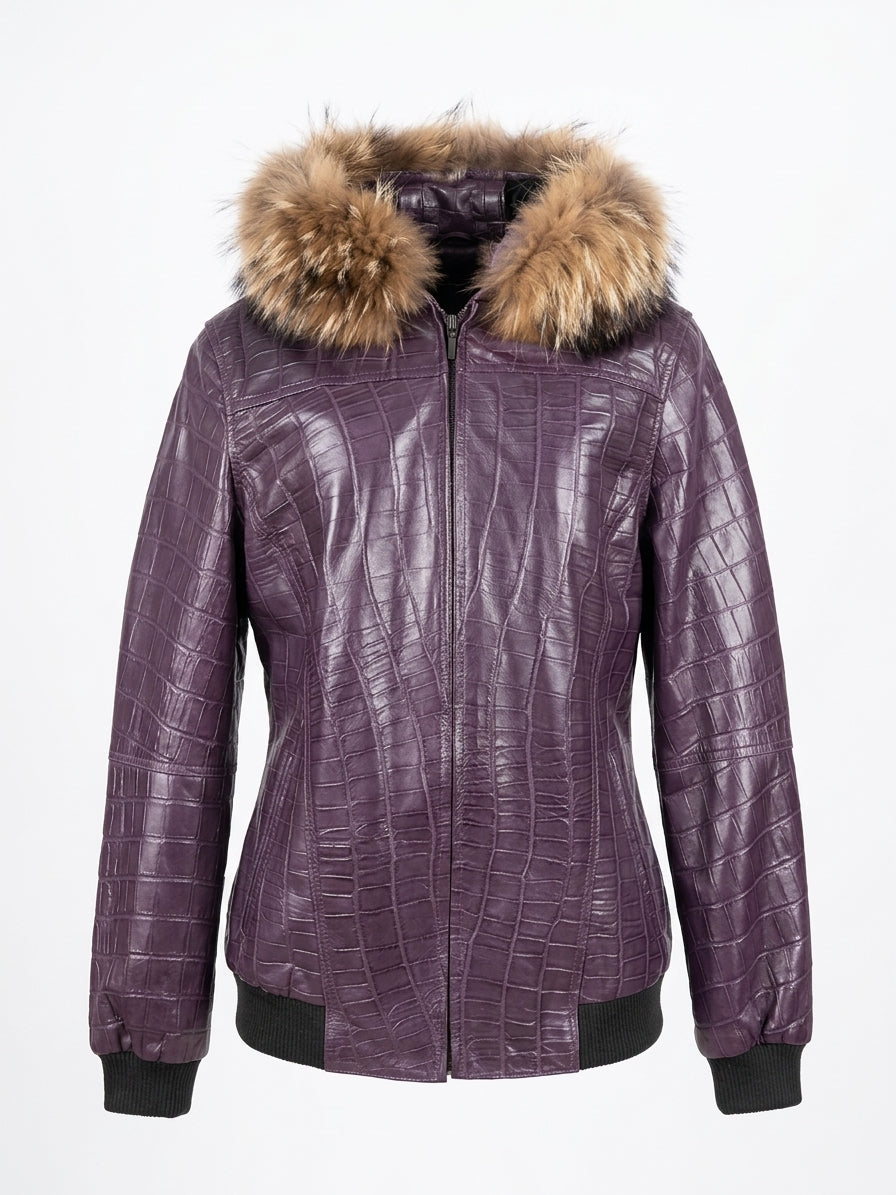 Deep Plum Croc Leather Bomber with Fur Trim