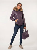 Deep Plum Croc Leather Bomber with Fur Trim