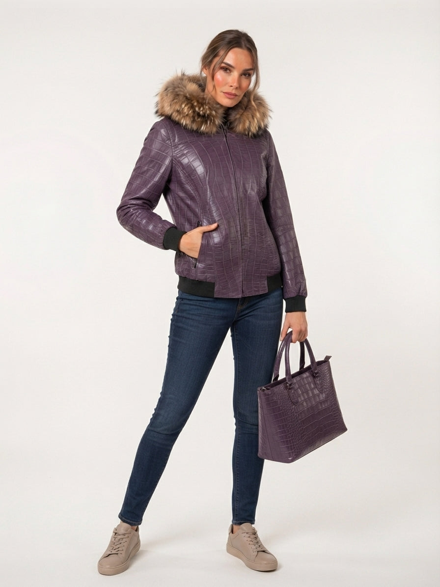 Deep Plum Croc Leather Bomber with Fur Trim