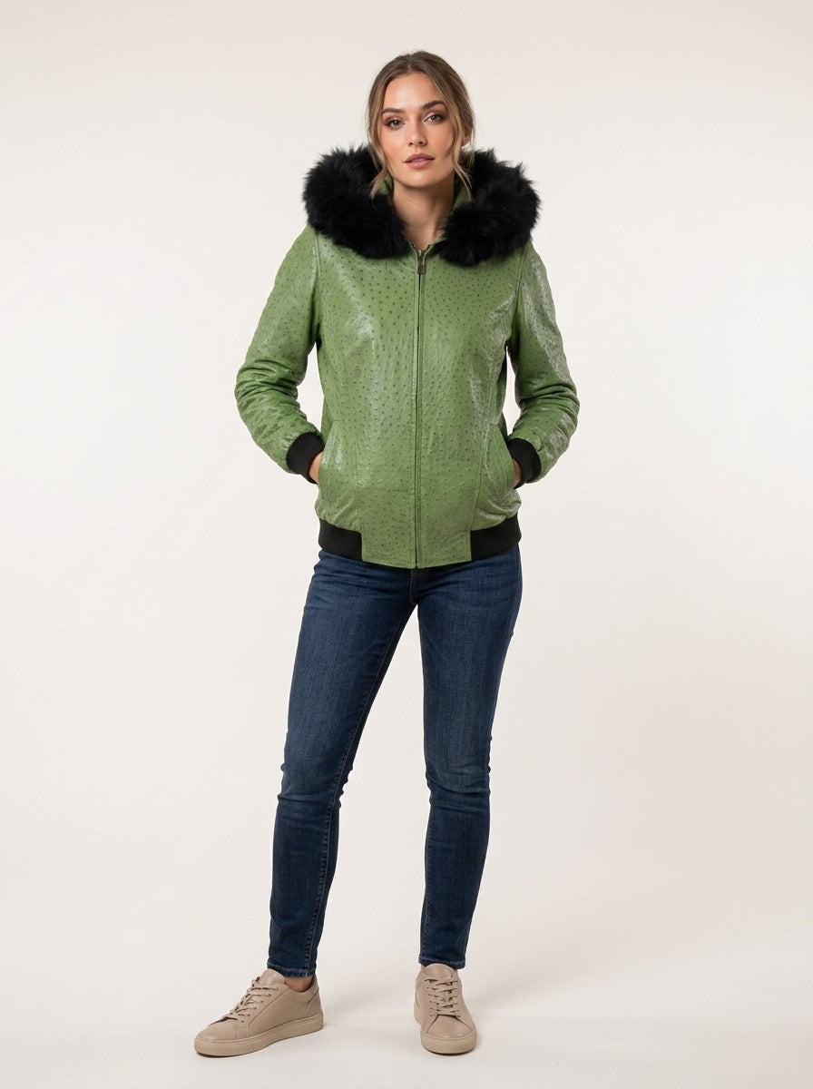 Sage Ostrich Leather Hooded Jacket with Black Fur
