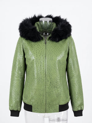 Sage Ostrich Leather Hooded Jacket with Black Fur