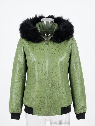 Sage Ostrich Leather Hooded Jacket with Black Fur