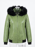 Sage Ostrich Leather Hooded Jacket with Black Fur
