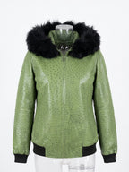 Sage Ostrich Leather Hooded Jacket with Black Fur