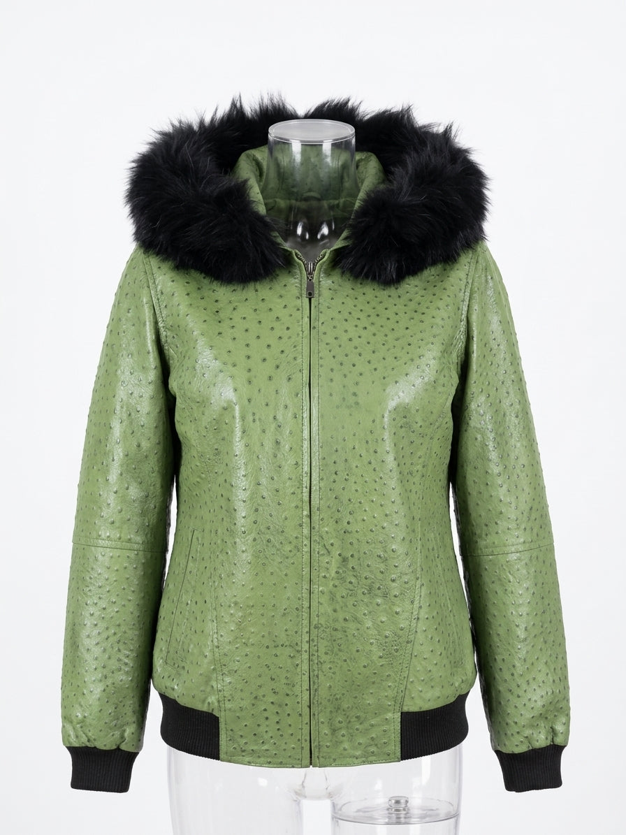 Sage Ostrich Leather Hooded Jacket with Black Fur